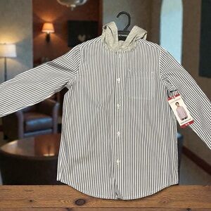 NWT Boys Lucky Brand Blue and White Striped Button Down Shirt w/Hood Sm and Med
